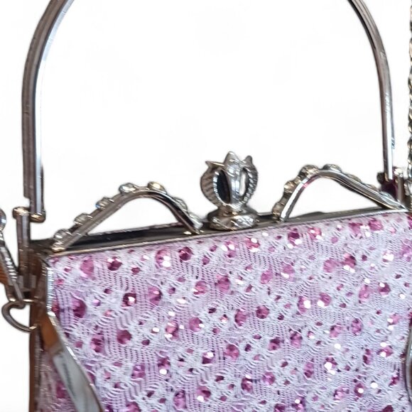 Pink Sequin White Lace Princess Two Way Evening Mini Hand Bag Crossbody - Picture 11 of 14
